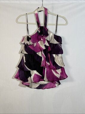 Adam Lippes Silk Tiered Top Blouse Size 4 silver And Purple Print